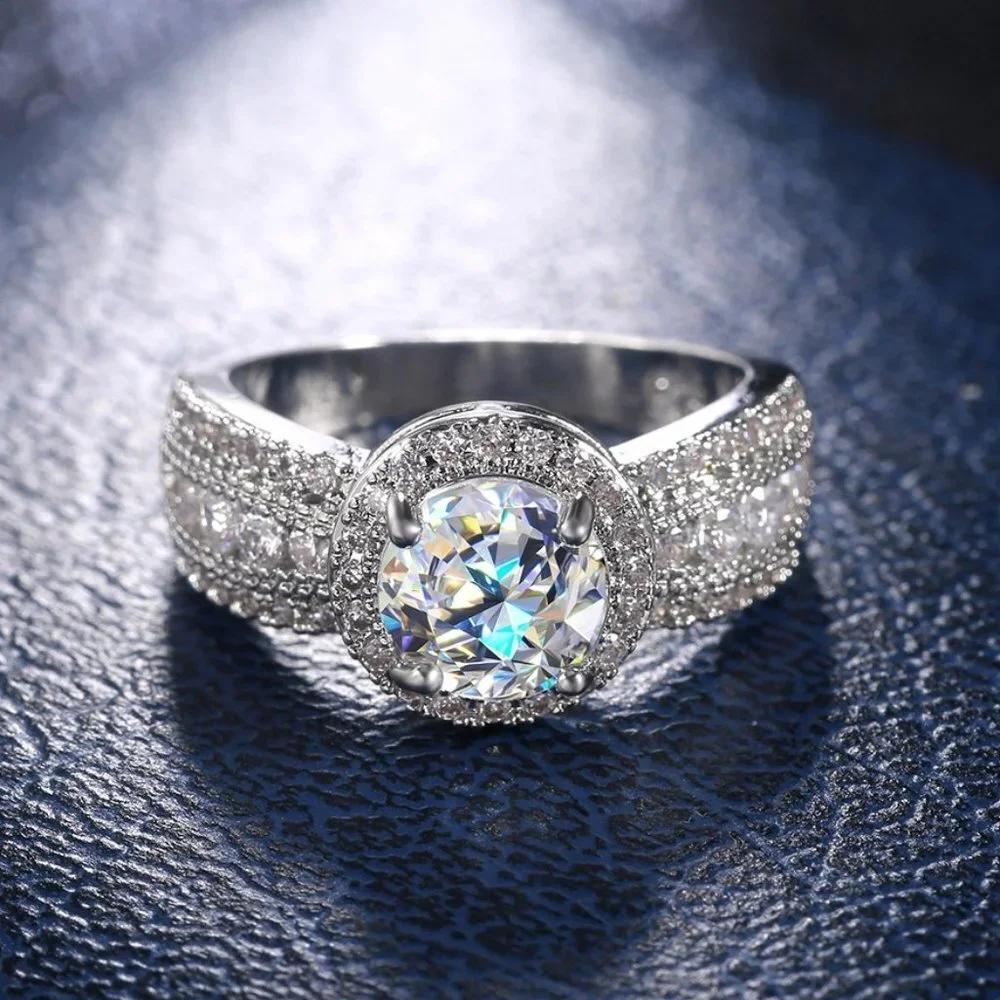 😍NEW QUEEN💍Silver (Stamped s925) Round Cut Halo Bridal Promise Ring, F007